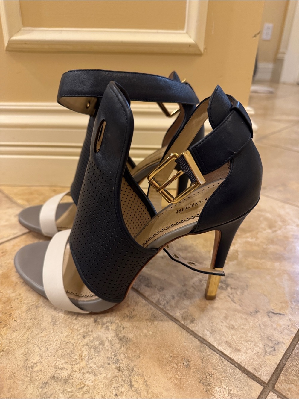 Women’s Pour La Victoire Two-Tone Navy and White Ankle-Strap Heel
